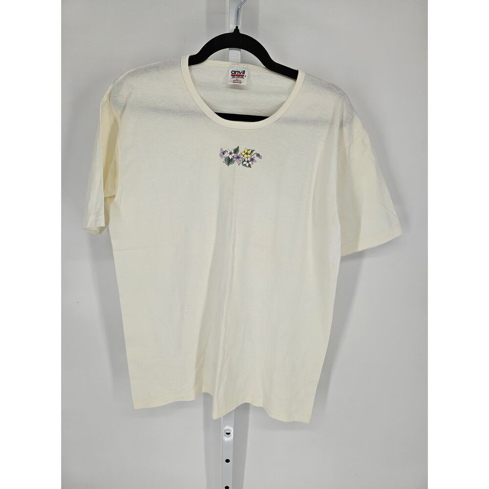 Anvil Womens Cream Floral Pre-Shrunk Cotton Crewneck Short Sleeve T-Shirt Size L